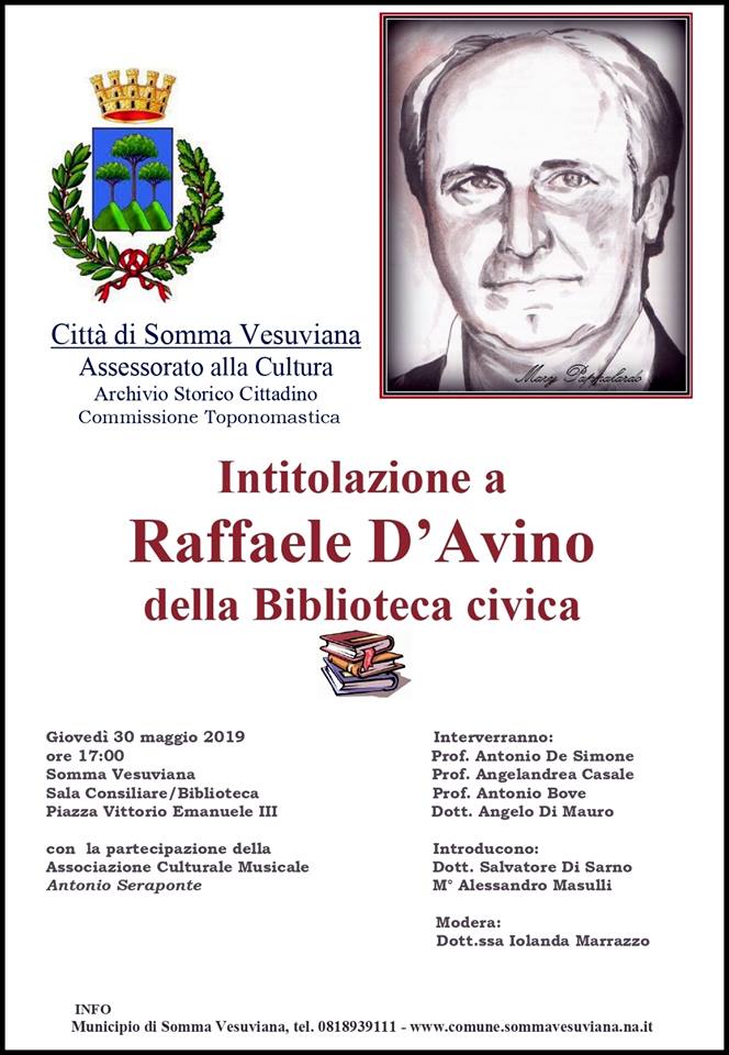 La biblioteca intitolata a Raffaele D’Avino giovedì 30 la cerimonia al Comune
